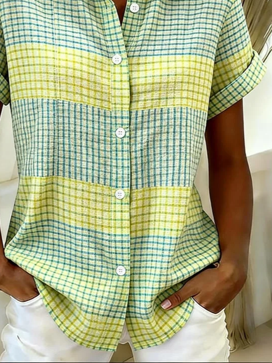 Women's Short Sleeve Shirt Summer As Picture Plaid Printing Shirt Collar Daily Going Out Casual Top