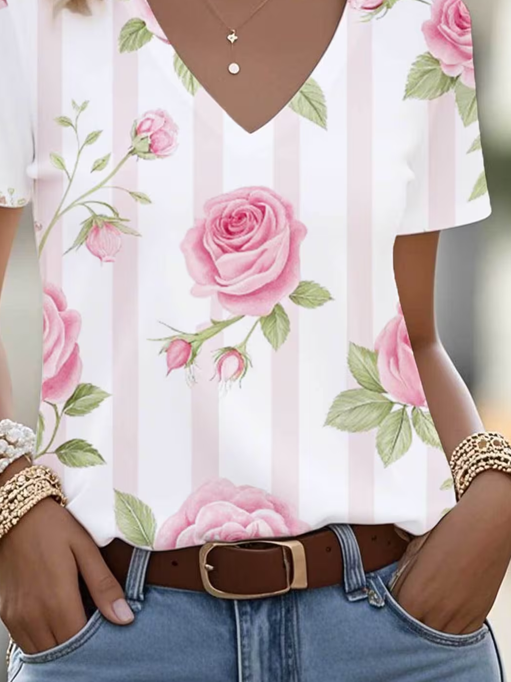 Women's Short Sleeve T-shirt Summer White Floral Printing V Neck Holiday Going Out Vintage Top