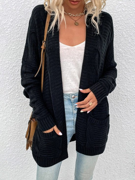 Vintage Split Joint Cable Knit Jacquard Cardigan Sweater Mid-Length Twisted Cord Cardigan