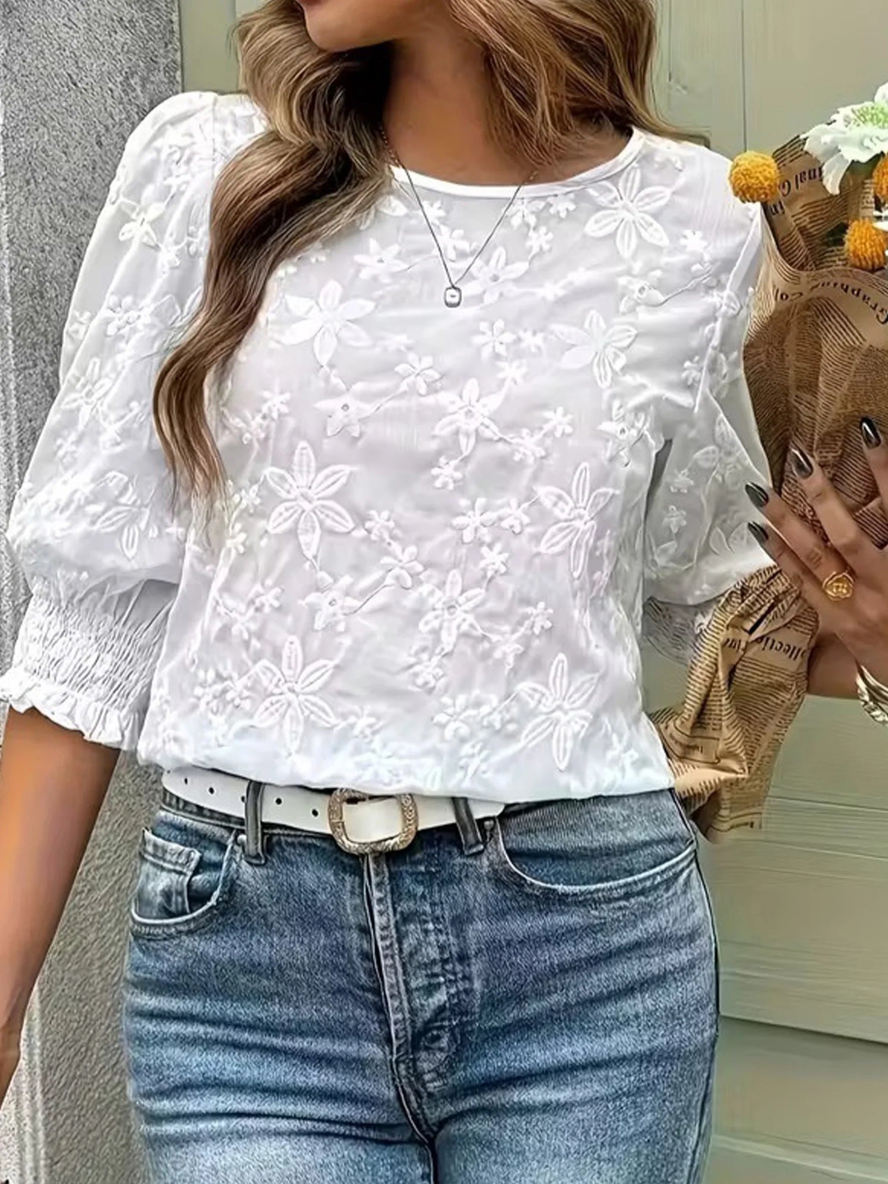 Embroidery Pattern Floral Round Neck The Quarter Sleeve Smock Cuff Casual Top
