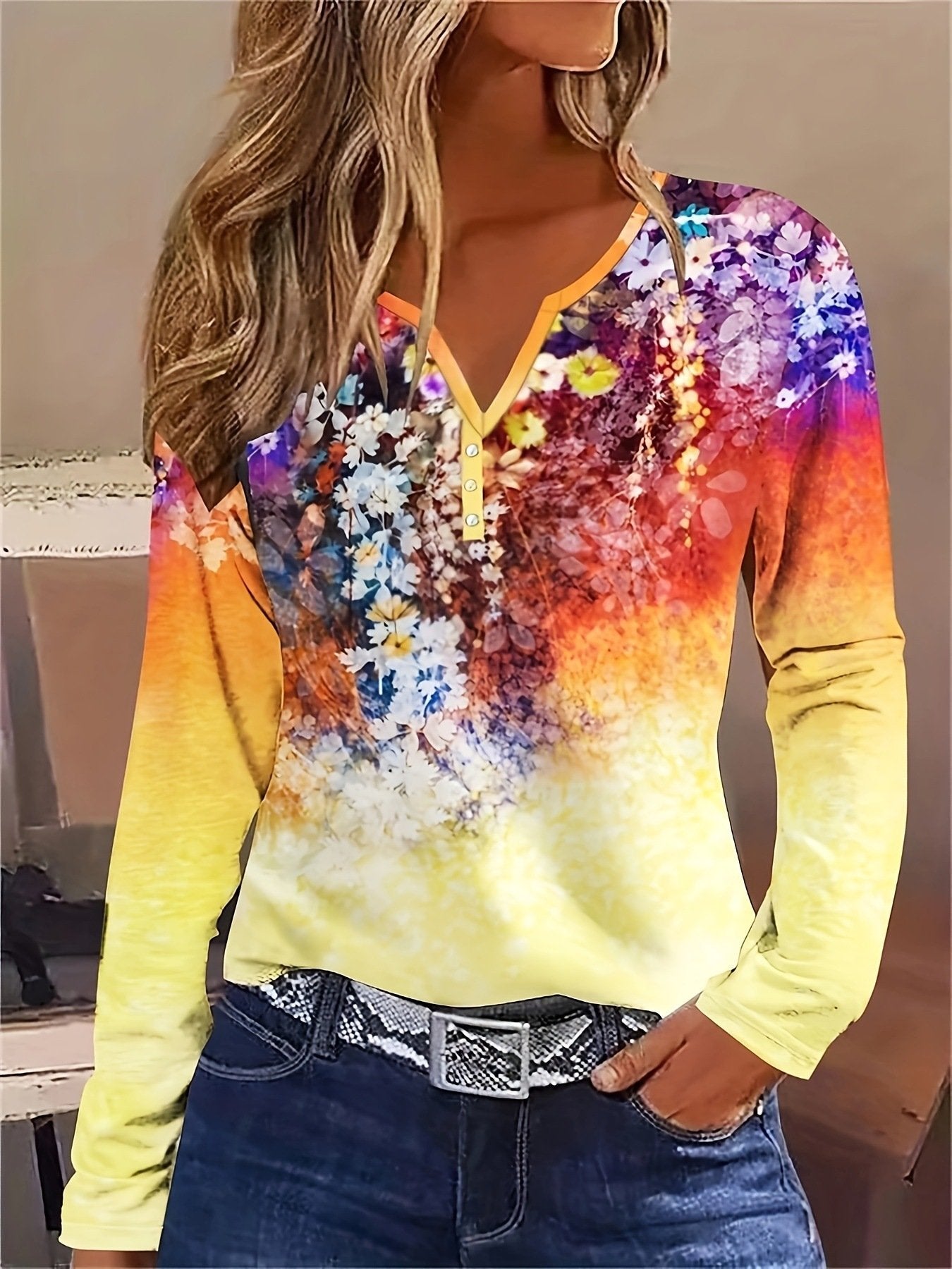 Loose Casual Floral V Neck Blouse