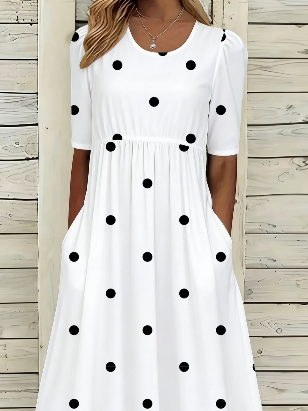 Women's Half Sleeve Summer White Polka Dots Printing Crew Neck Daily Going Out Casual Maxi H-Line Dress