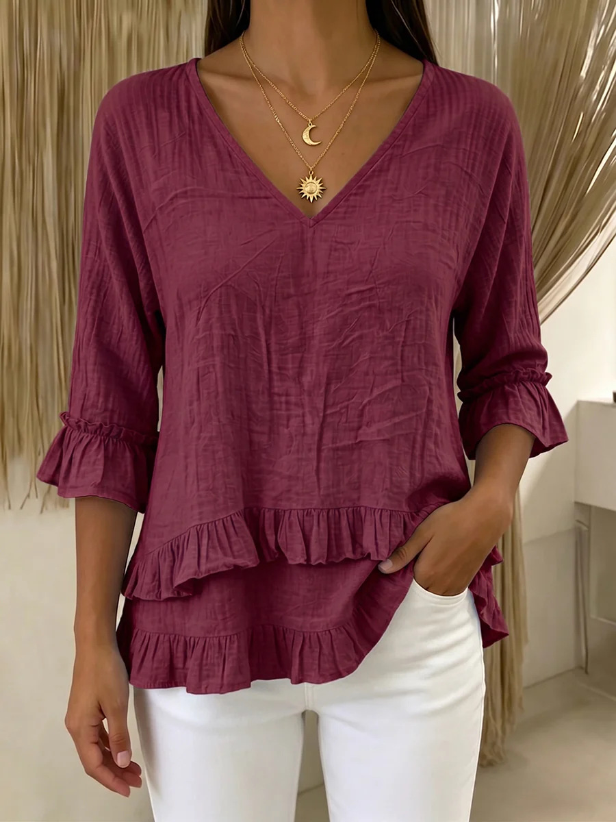 Casual Cotton And Linen V Neck The Quarter Sleeve Ruffle Hem Daily Going Out Casual Top