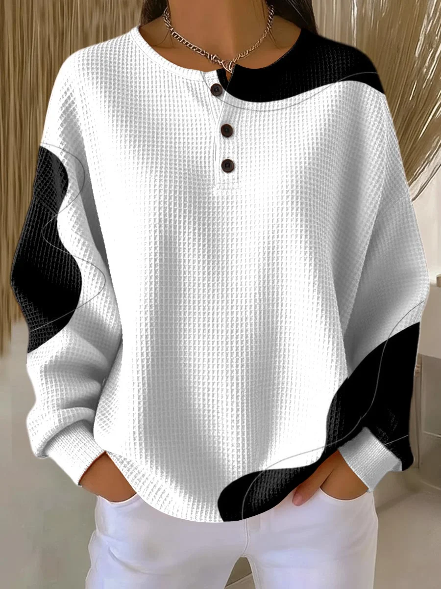 Women's Abstract Print Button-Up Casual Waffle Knit Sweatshirt