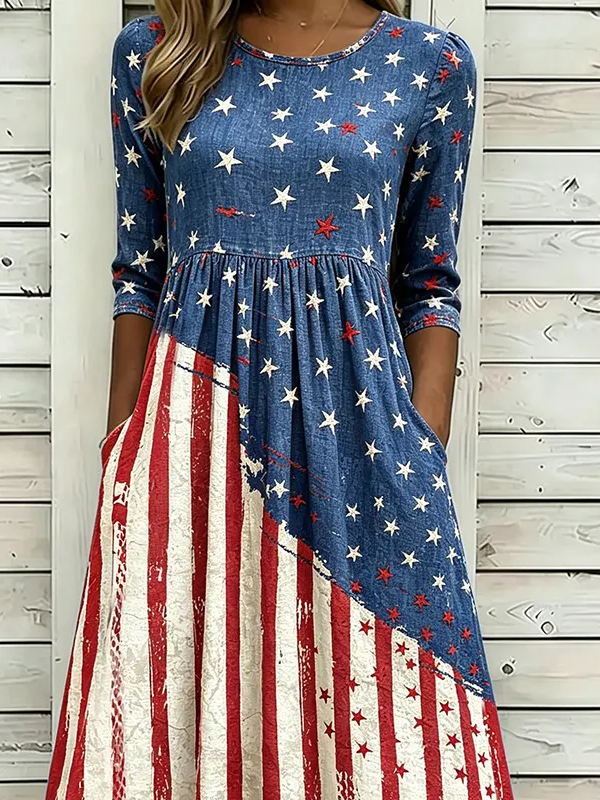 Women's Half Sleeve Summer Blue Independence Day (Flag) Printing Crew Neck Daily Going Out Casual Maxi H-Line Dress