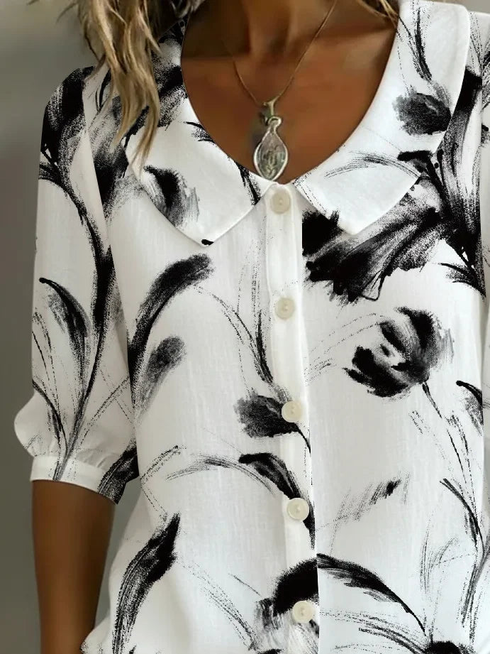 Women's Half Sleeve Shirt Summer White Abstract Printing Shawl Collar Daily Going Out Casual Top