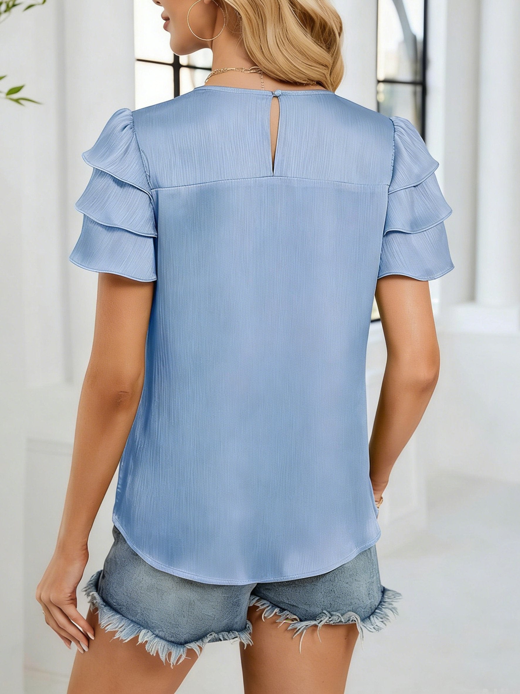 Satin Plain Smock Crew Neck Short Sleeve Casual Blouse