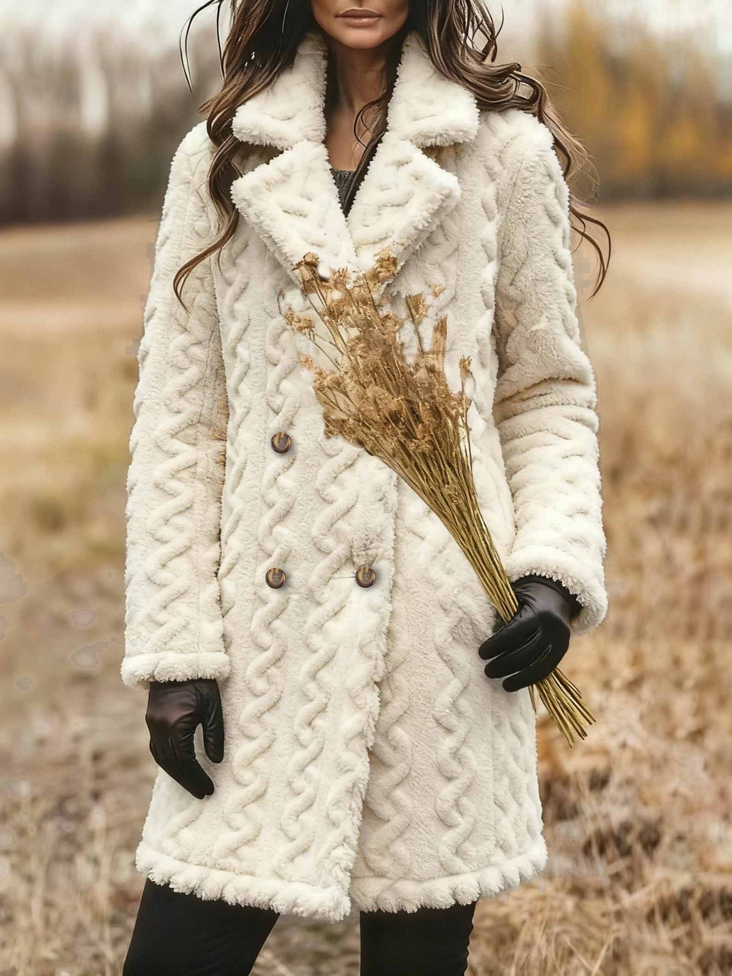 Loose Street Jacquard Coral Velvet Double-breasted Extra-thick Plush Coat