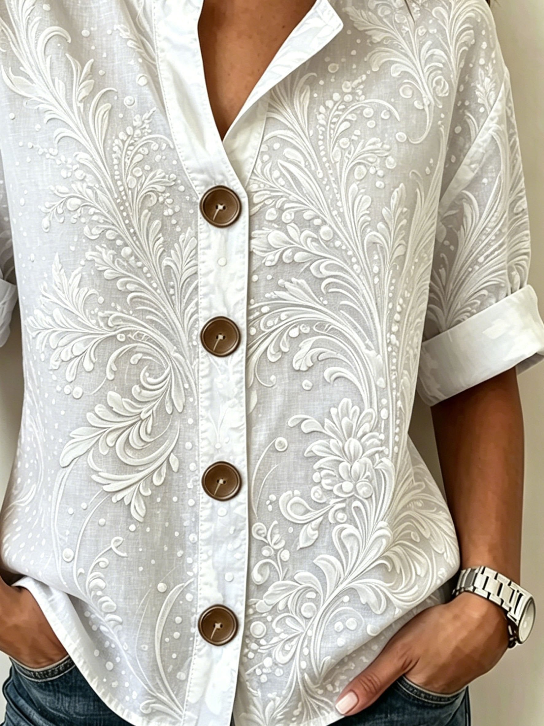 3D Printing Vintage Abstract Floral Stand Collar Botton Spring Summer Linen Blend Casual Shirt