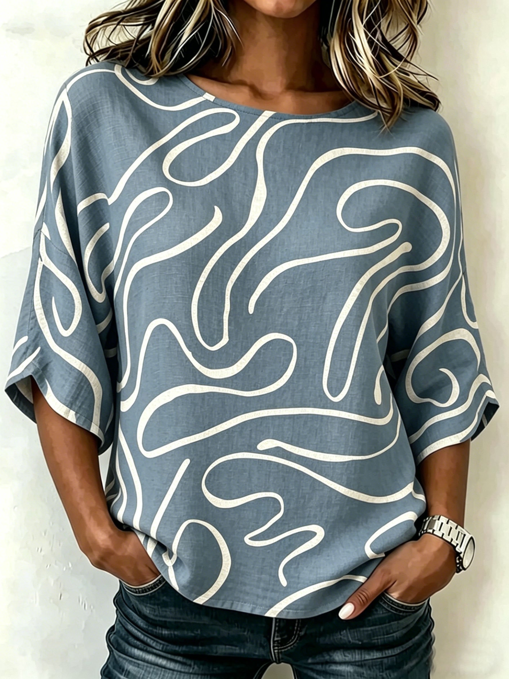 Abstract Graphic Print Crew Neck Casual Loose Top