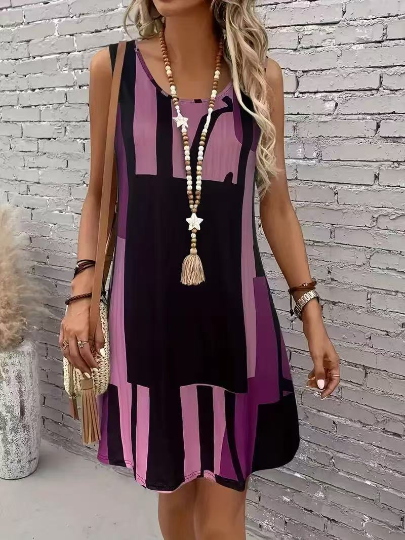 Abstract Print Crew Neck Sleeveless Going Out Casual Dress