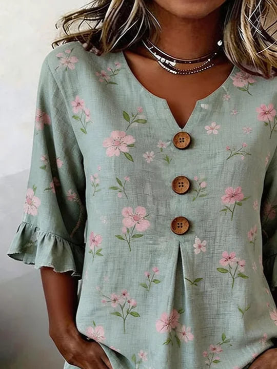 Women's Half Sleeve Blouse Summer Green Floral Printing V Neck Daily Going Out Vintage Top