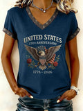 Women's Short Sleeve T-shirt Summer Purplish Blue America Flag Printing V Neck Holiday Going Out Vintage Top