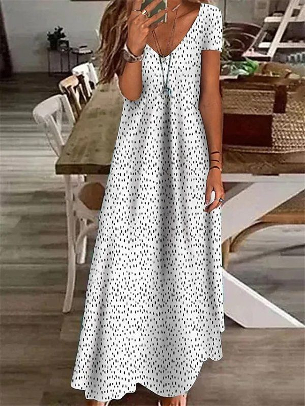 Women's Polka Dot Printed Casual V-Neck Short Sleeve Dress