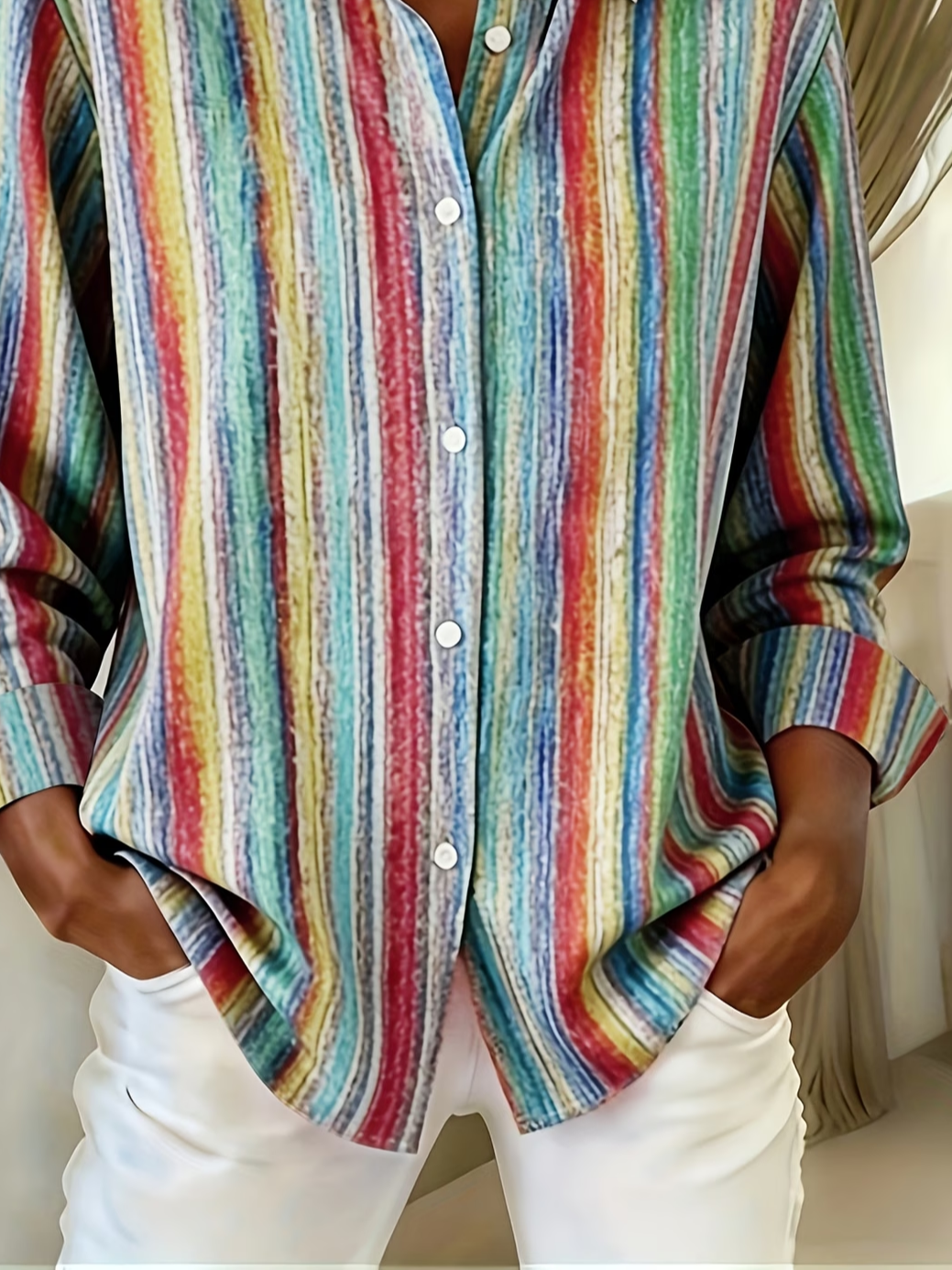 Women's Long Sleeve Shirt Spring/Fall As Picture Abstract Stripes Buckle Shirt Collar Daily Going Out Casual Top
