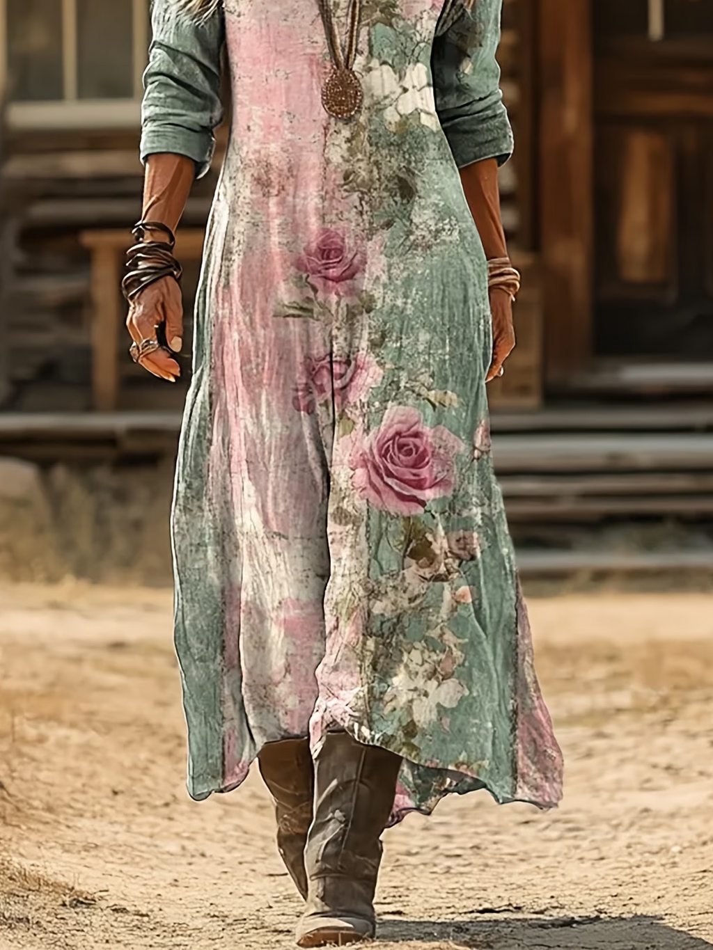 Women's Long Sleeve Spring/Fall Green Floral Printing V Neck Daily Going Out Vintage Maxi H-Line Dress
