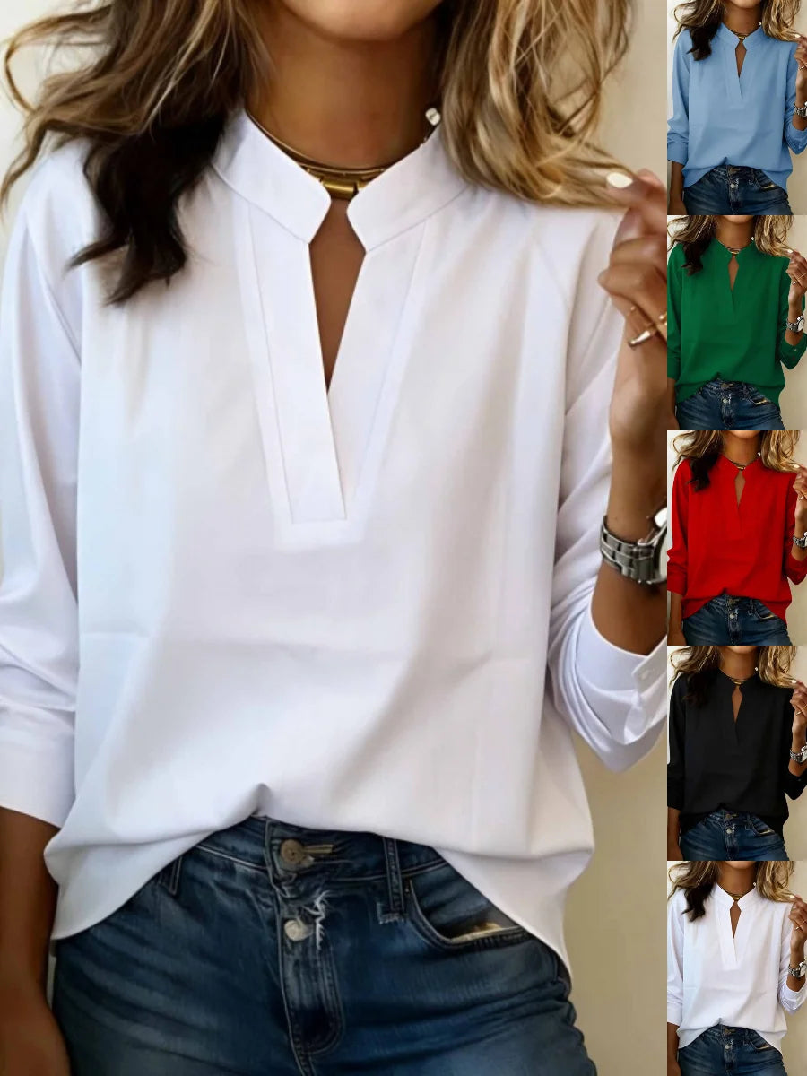 Women's Long Sleeve Shirt Spring/Fall White Plain Split Joint V Neck Daily Going Out Casual Top