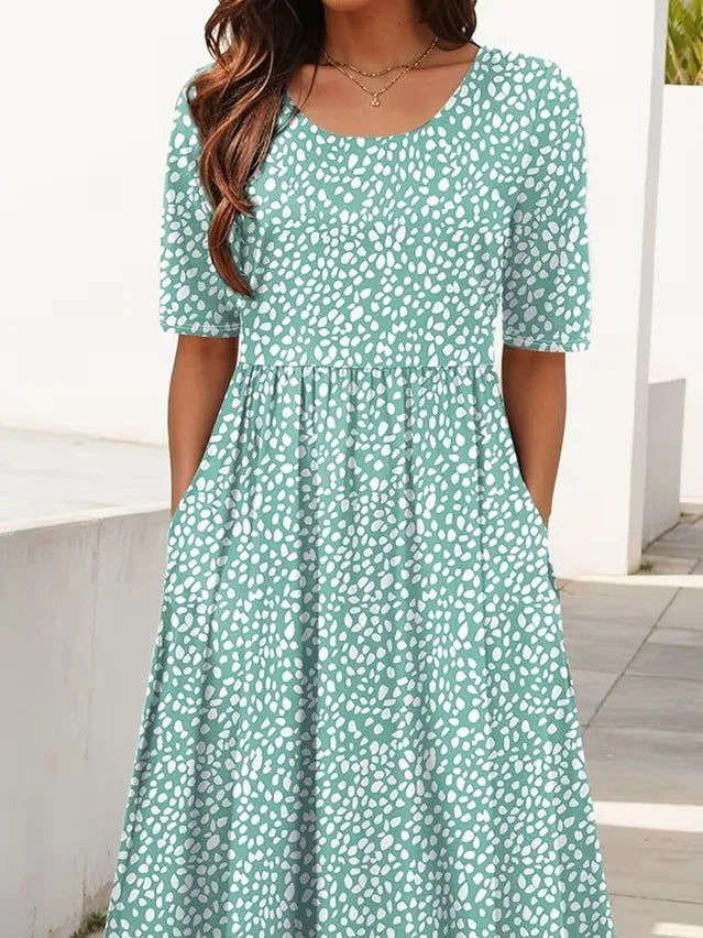 Women's Short Sleeve Summer Green Abstract Polka Dots Printing Crew Neck Daily Going Out Casual Maxi H-Line Shift Dress Dress
