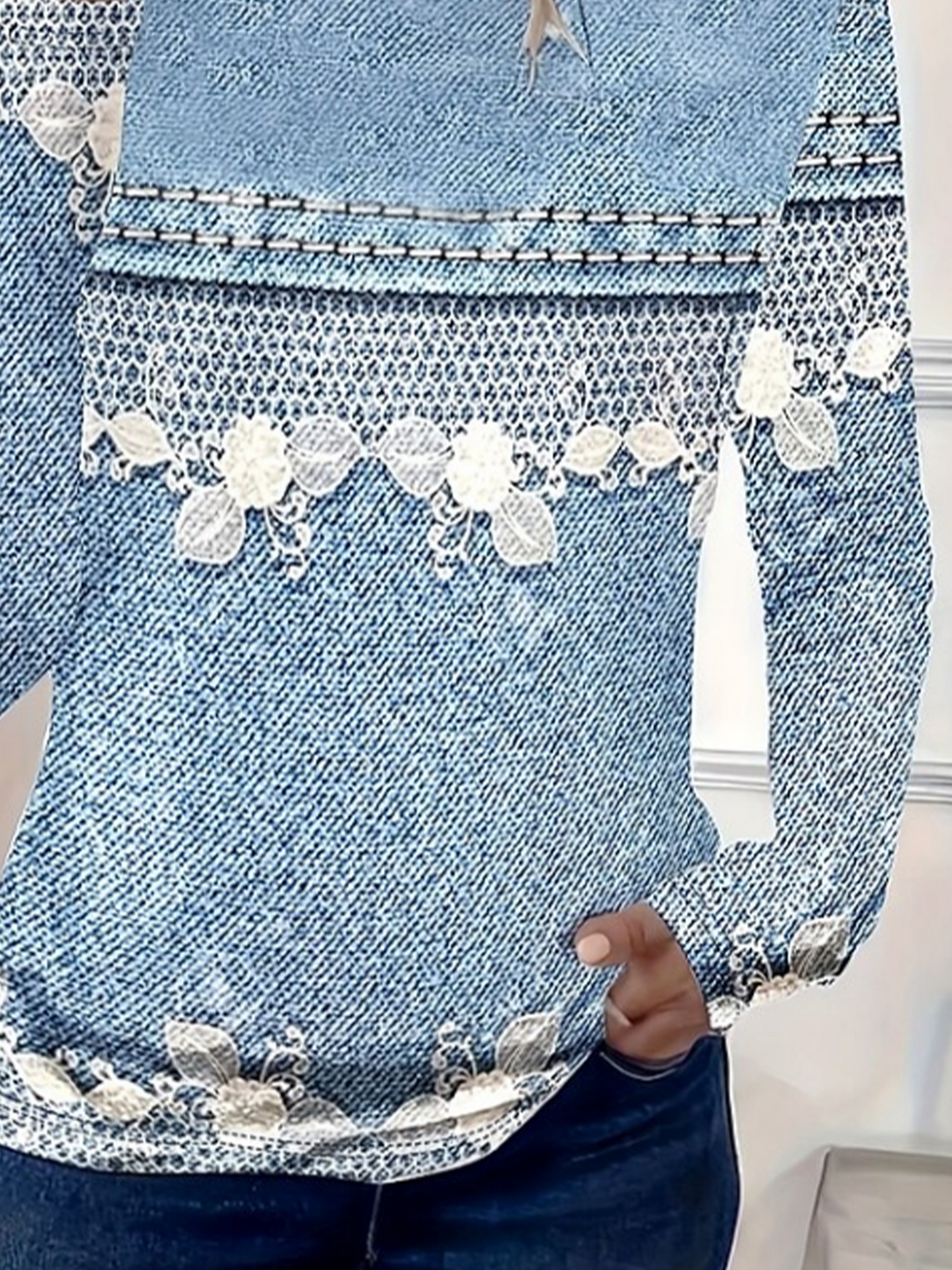 Women's Long Sleeve T-shirt Spring/Fall Blue Faux Denim Print Graphic Printing Jersey Crew Neck Daily Going Out Casual Top