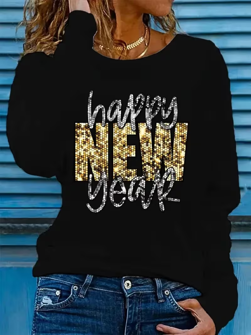 Women's Long Sleeve Happy New YearT-shirt Spring/Fall Black Text Letters Jersey Crew Neck Daily Going Out Casual Top