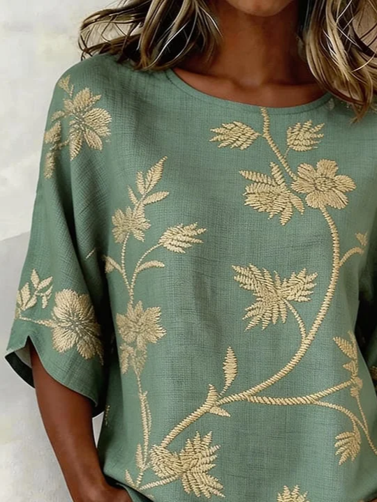 Women's Half Sleeve Blouse Summer Green Floral Printing Crew Neck Daily Going Out Vintage Top