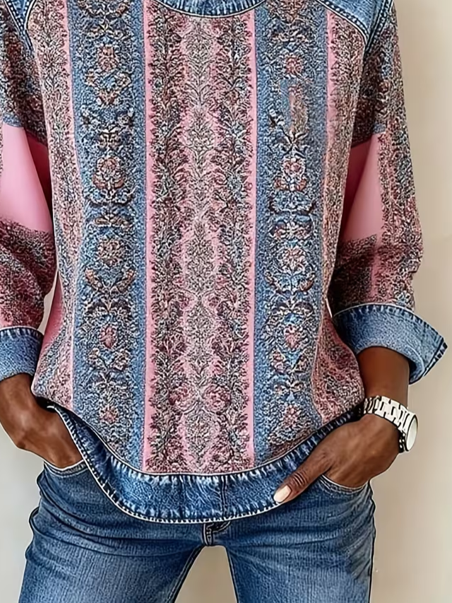 Women's Abstract Print Patchwork Denim Crewneck Long-Sleeved Sweatshirt