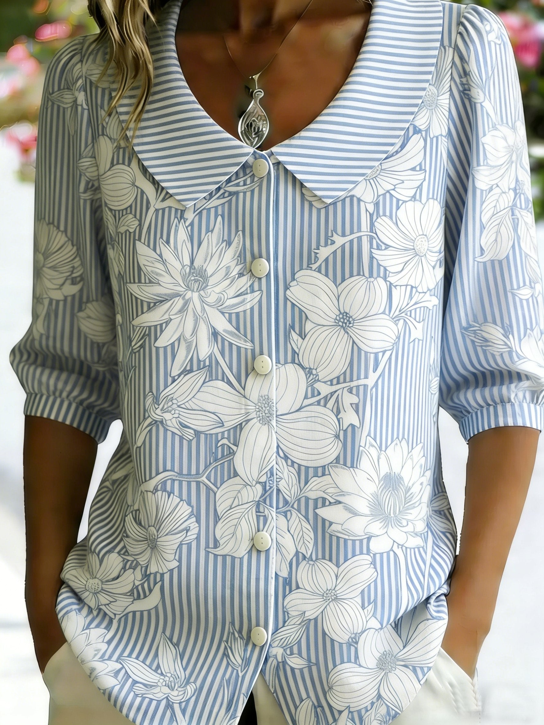 3D Printing Linen Blend Blue Stripe Floral Shawl Collar Button Loose Casual Shirt