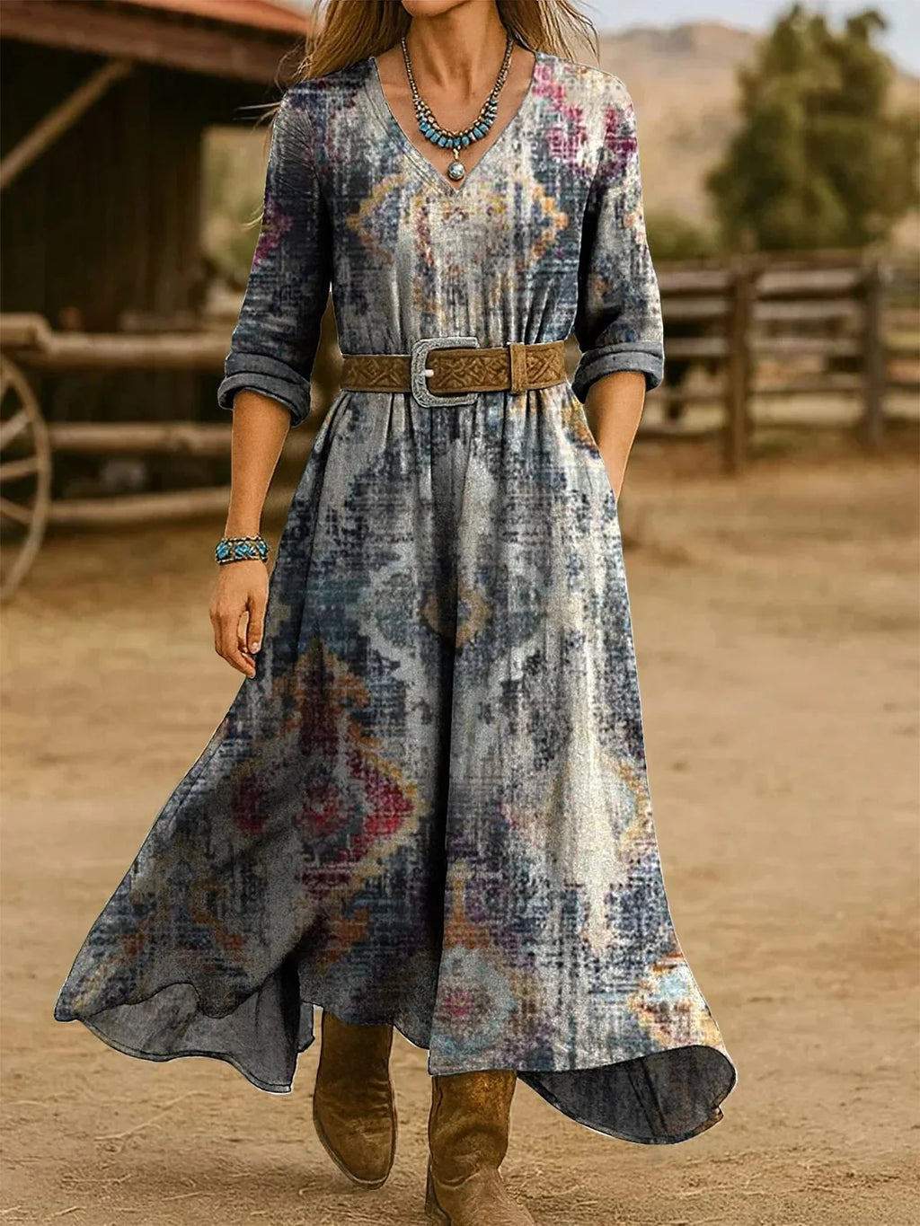 Vintage V Neck Gradient Pattern Dress With No