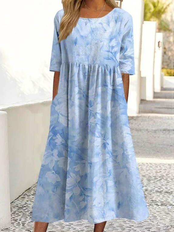 Loose Crew Neck Floral Casual Dress With No