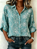 Vintage Botanical Pattern Shawl Collar Cotton And Linen Blouse