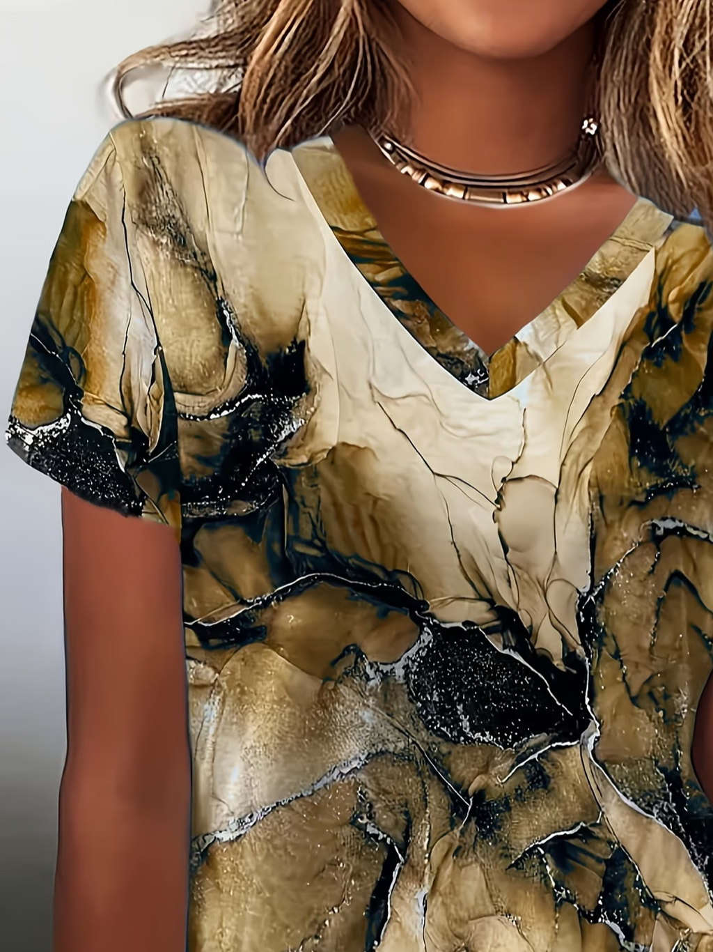 Women's Short Sleeve T-shirt Summer Brown Abstract Jersey V Neck Holiday Going Out Casual Top