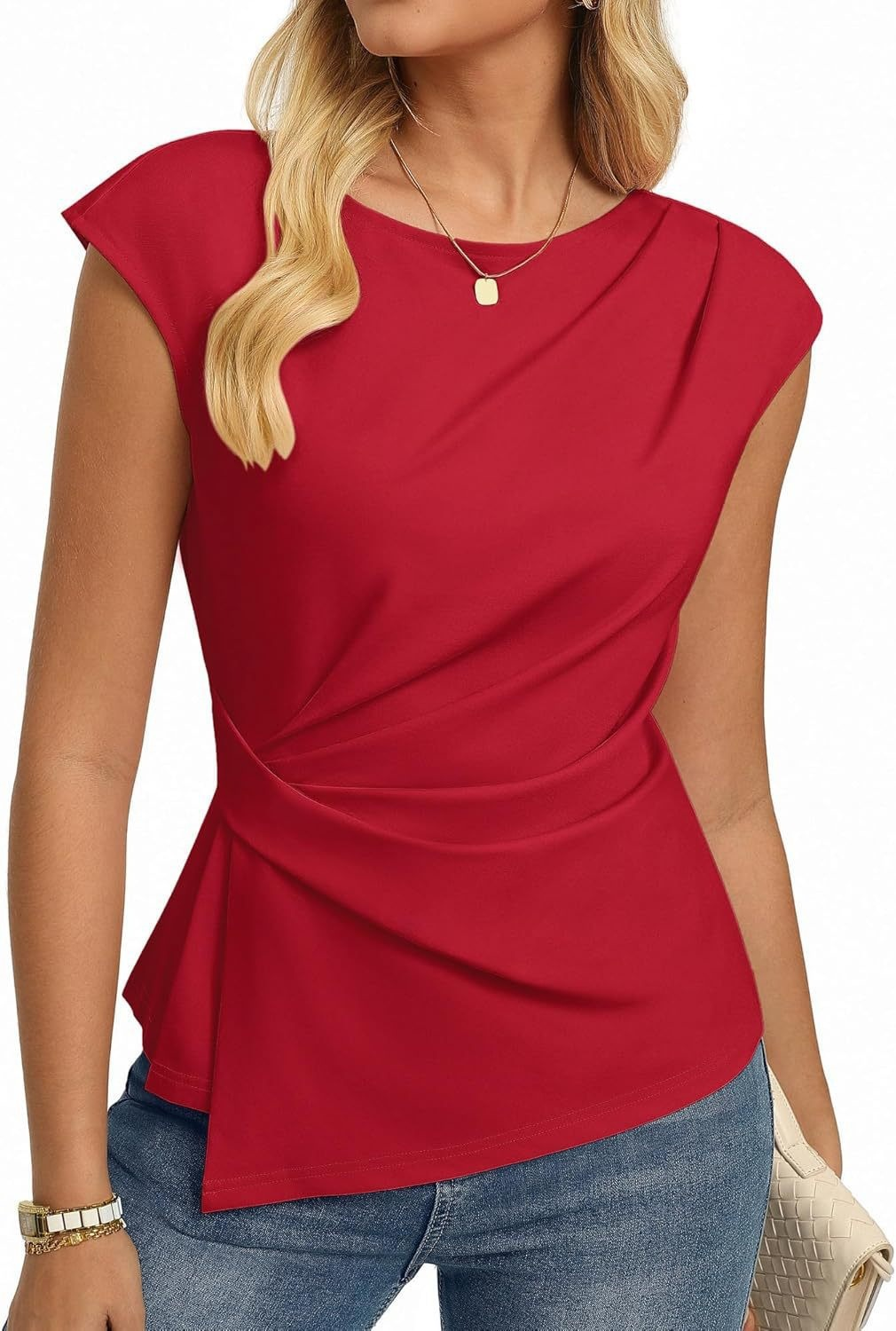 Tight Plain Asymmetrical Round Neck Sleeveless Wrinkle Fashion Daily Going Out Casual T-Shirt