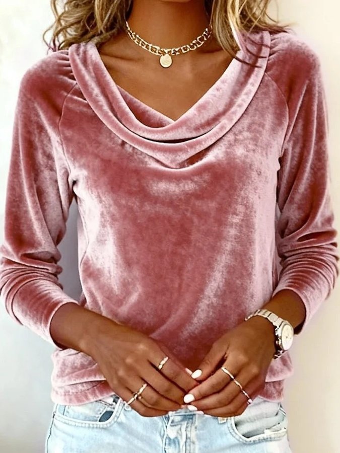 Women's Long Sleeve T-shirt Spring/Fall Golden Plain Split Joint Cowl Neck Daily Going Out Vintage Top