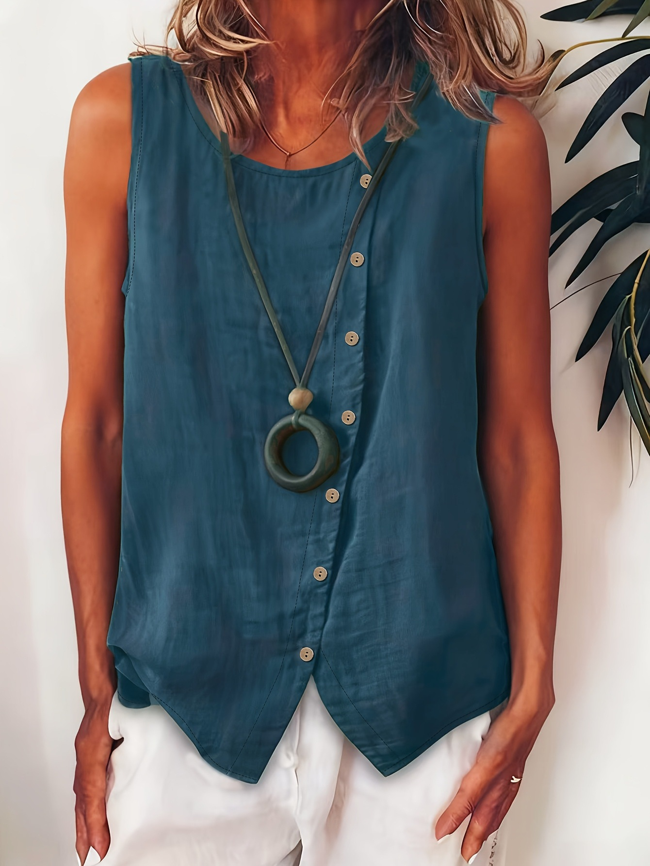 Plain Viscose Round Neck Sleeveless Button Summer Casual Boho Top