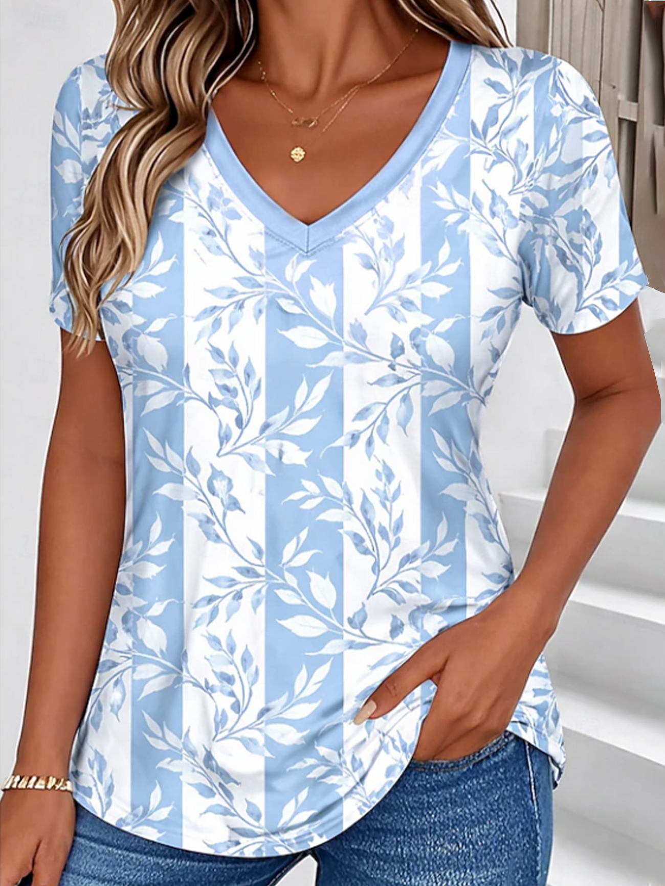 Women's Short Sleeve T-shirt Summer Blue Floral Printing V Neck Holiday Going Out Vintage Top