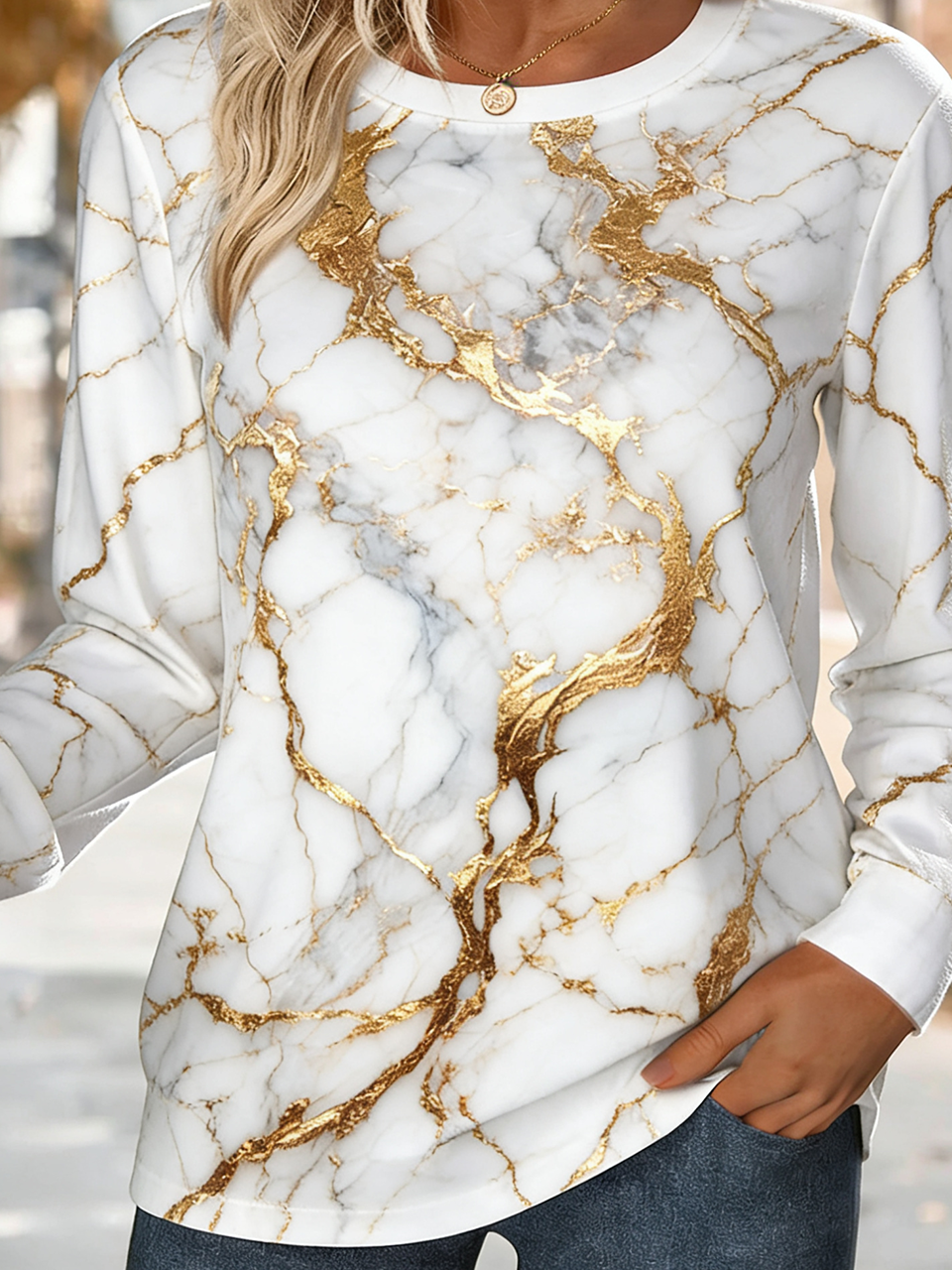 Cotton-Blend Gradient Pattern Loose Simple Sweatshirt