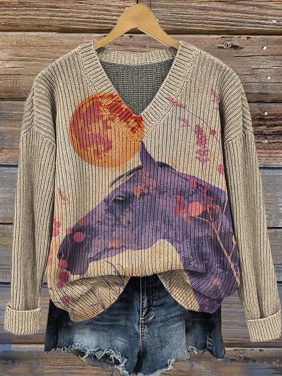 V Neck Ethnic Animal Picture Loose Sweater