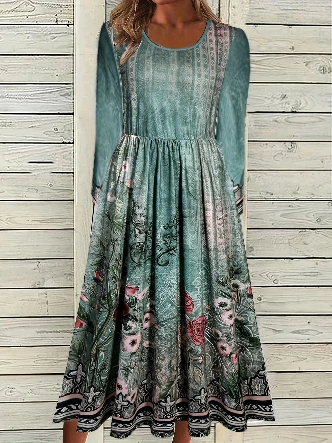 Floral Vintage Loose Crew Neck Dress With No