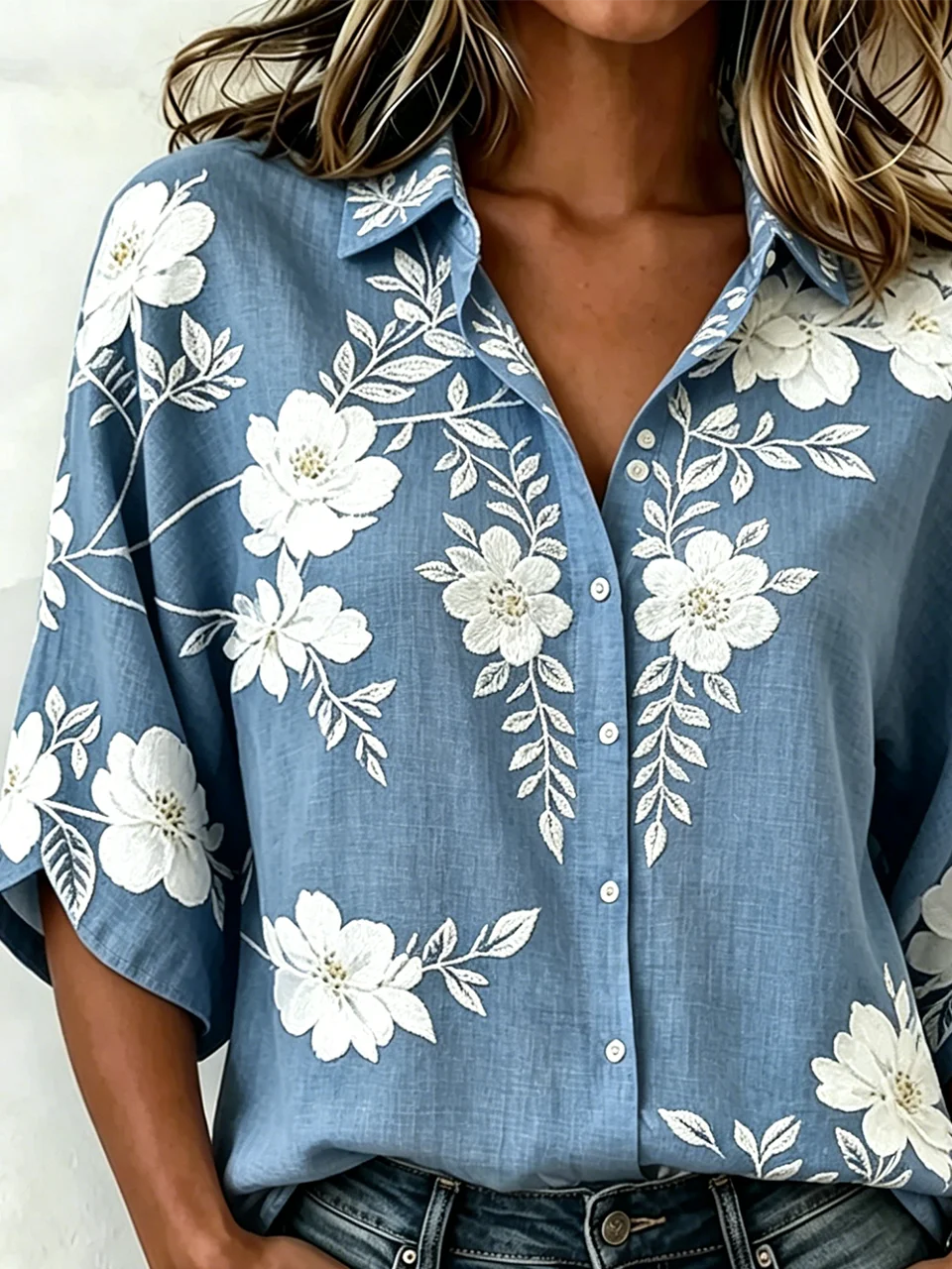 Floral Elegant Shawl Collar Loose Blouse