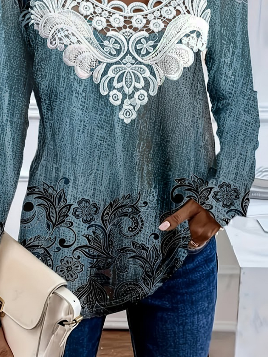Women's Long Sleeve T-shirt Spring/Fall Blue Floral Printing Crew Neck Daily Going Out Casual Top