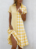 Women’s Yellow Gingham Shirt Dress V Neck Short Sleeve A Line Dress