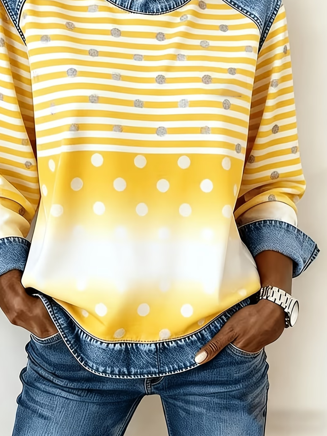 Women's Abstract Stripes Print Patchwork Denim Crewneck Long-Sleeved Sweatshirt
