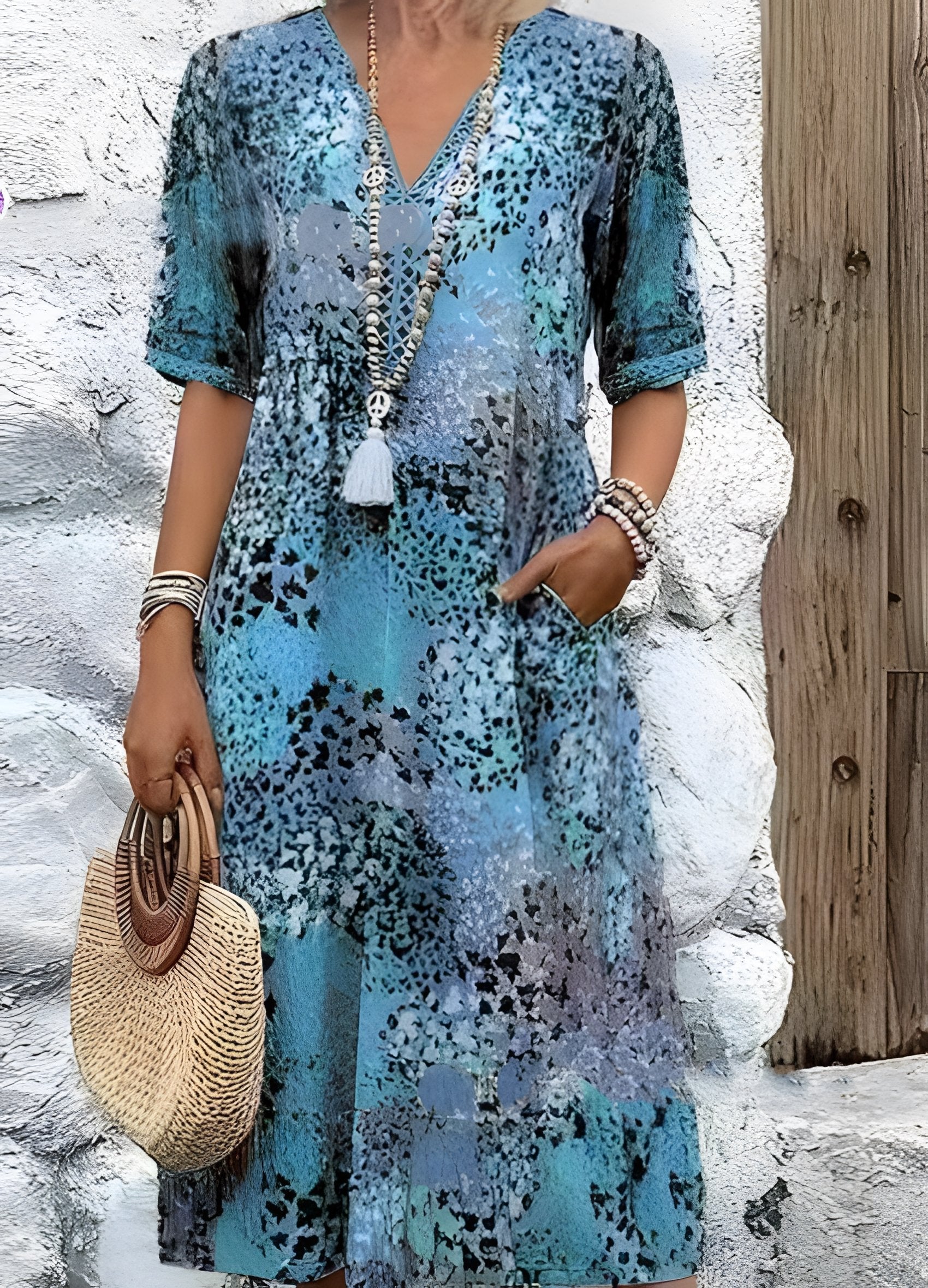 Women's Short Sleeve Summer Khaki Floral Split Joint V Neck Daily Going Out Vintage Maxi A-Line T-Shirt Dress Dress