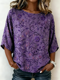 Women's Purple Floral Print Blouse Round Neck Short Sleeve Casual Top