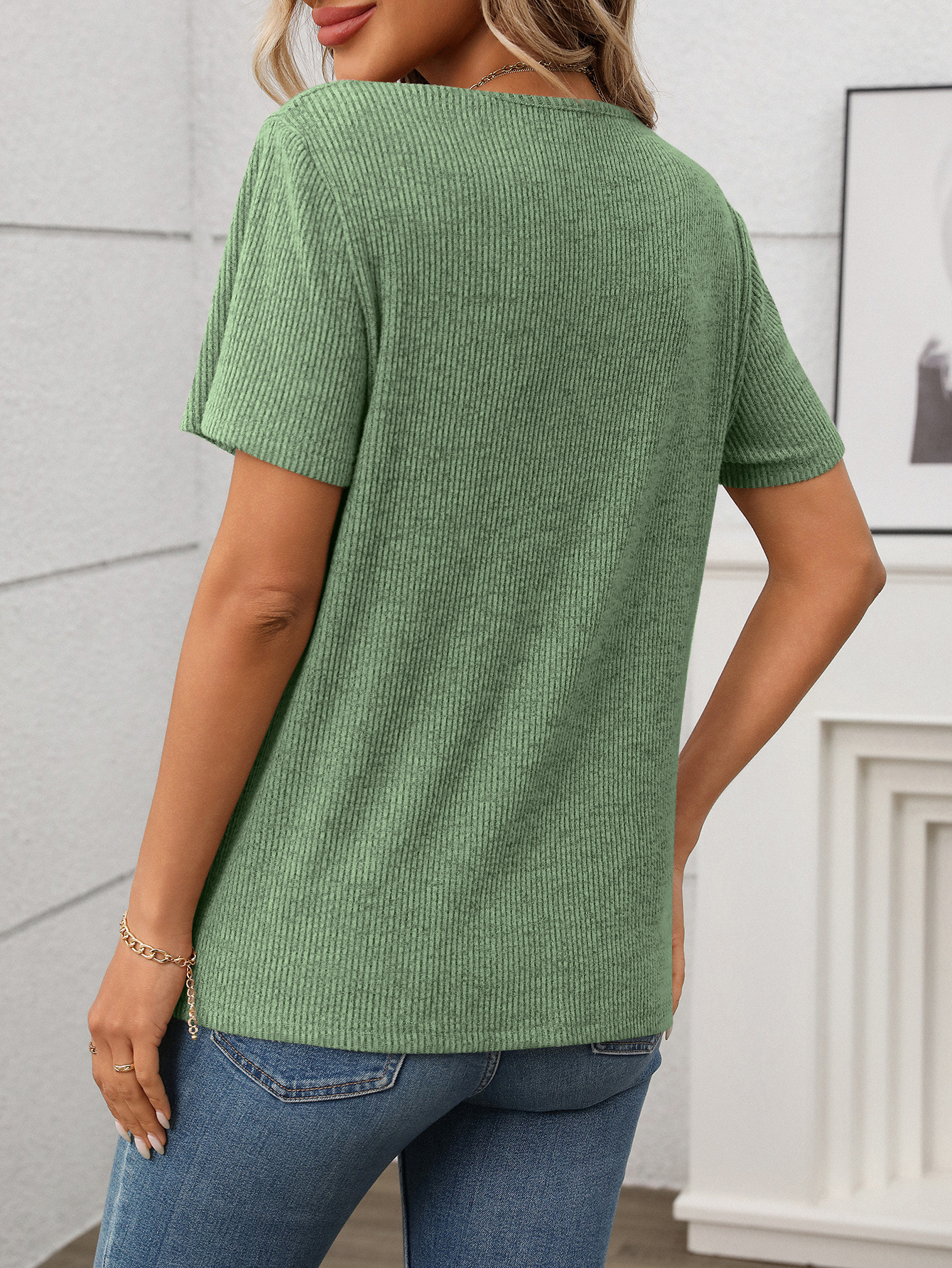 Jersey Ribbing V Neck Button Going Out Summer Casual T-Shirt