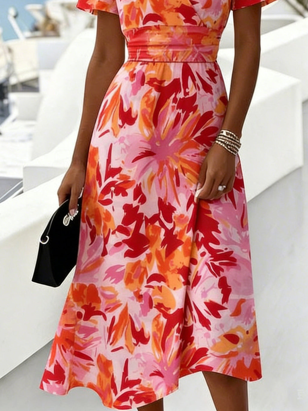 Abstract Floral Printed V Neck Short Sleeve Summer Casual Maxi Dress