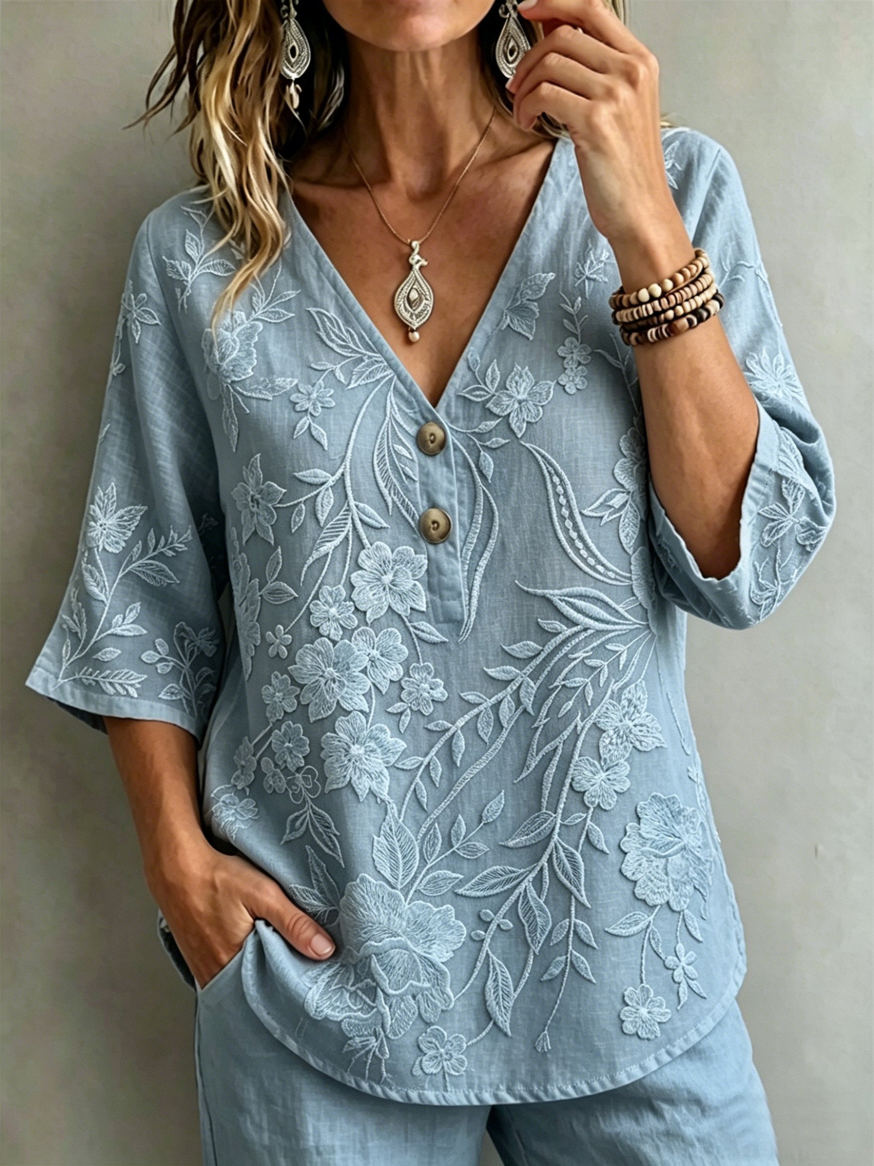 Botanical Pattern Linen Blend Elegant V Neck Blouse