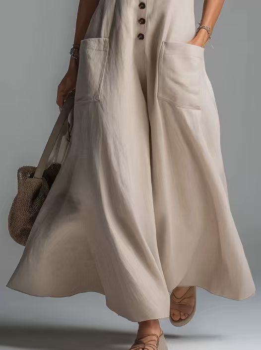 Plian V Neck Sleeveless Button PatCH Pocket Casual Maxi Dress