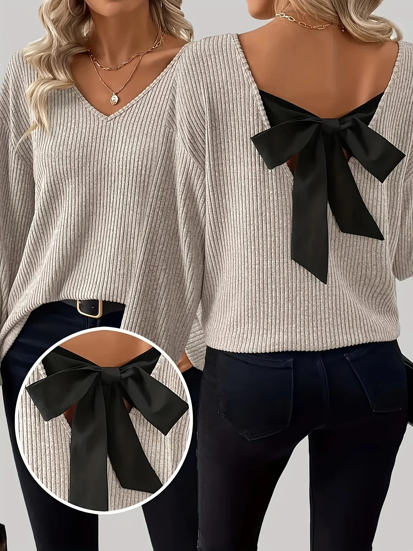 Elegant Plain Bow V Neck Blouse