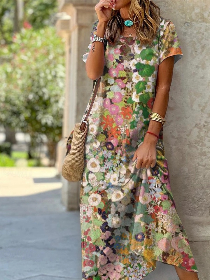 Women's Crew Neck Printed Dress with Side Slits